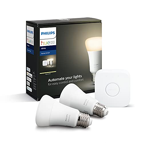 Philips Hue - スマート電球、E27、Philips Hue ブリッジ付属、調光可能な暖かい光、Alexa および Google Home と互換性あり - スマート LED 電球 2 個パック