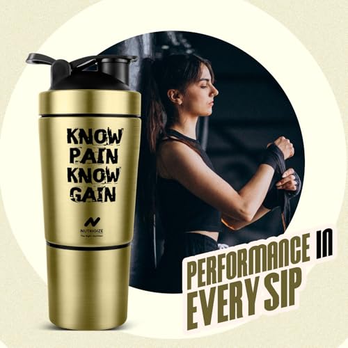Image of Stainless Steel Shaker Bottle for Protein, 590ml Water Bottle with Extra Compartment | Leak-Proof, BPA-Free, Durable, and Multi-Functional for Protein Shakes (Golden)