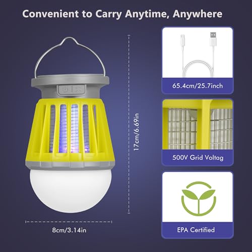 Solar Bug Zapper Outdoor Waterproof, Portable Mosquito Zapper, 2-in-1 Cordless & Rechargeable Bug Zapper with LED Light for Home, Camping, Patio, Yard, Pool (Green