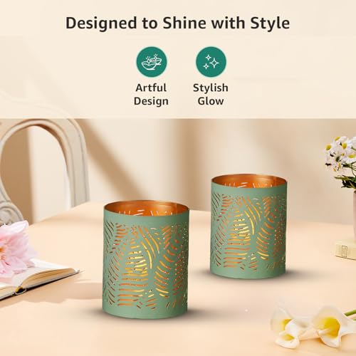 Image of Amazon Brand - Solimo Tea Light Votive - Round Leaf Design, Sea Green Iron with Gold Interior, Set of 4 (Size: L-7.5 cm x W-7.5 cm x H-10 cm)