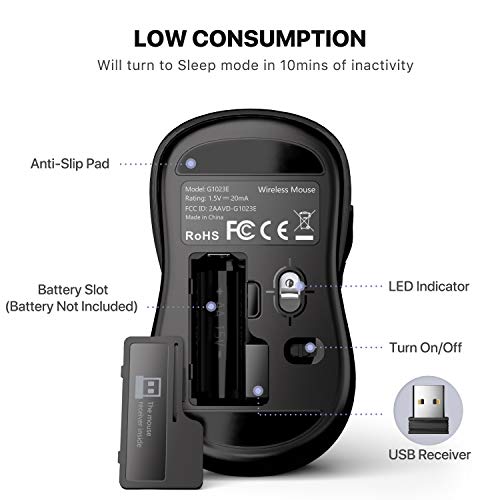 WisFox Mouse Senza Fili, 2.4G Wireless Mouse Laptop Mouse Computer Antiscivolo Ergonomico Mouse USB 6 Pulsanti con Ricevitore Nano 3 Livelli DPI Regolabili Mouse Senza Fili per Windows, Mac (Nero)