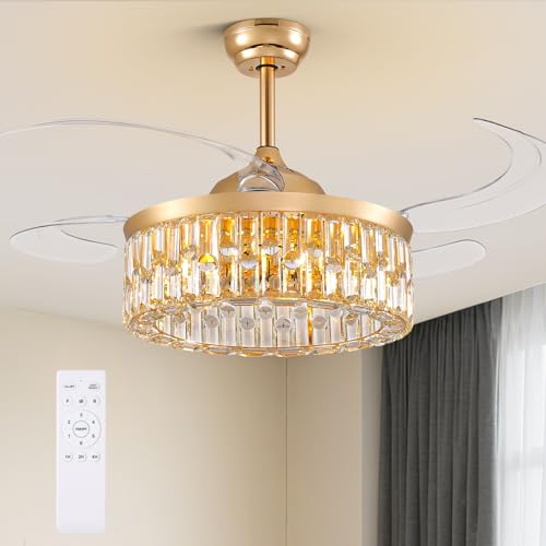 Image of Siljoy 48'' Modern Gold Caged Crystal Ceiling Fan with Lights and Remote