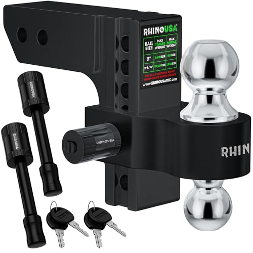 Image of Rhino USA Adjustable Trailer Hitch (2.5-Inch Receiver) - Heavy Duty Aluminum Tow Hitches with 6-Inch Drop /Rise for Truck (18,500 LBS GTW) - Weatherproof Double Anti-Theft Locking Hitch Pins (Black)