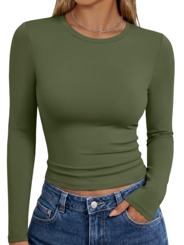 Trendy Queen Womens Long Sleeve T Shirts Fall Fashion Basic Y2K Tops 2026 | Buttery-Soft, Super Stretchy, Fitted Cute Tops, Going Out Basic Tees, Compression Underscrubs Shirts