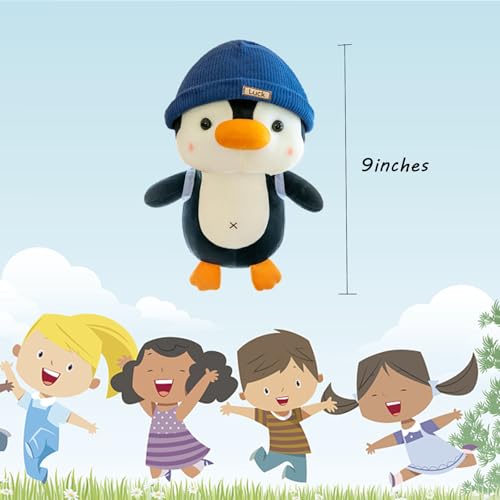 Image of BSVOME 9 inches Penguin Stuffed Animals Soft Plush Cute Travel with Hat Backpack Doll for Boys Girls