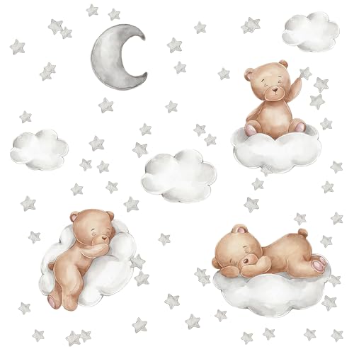 Stickers Muraux Etoile Lune Ourson Autocollant Mural Enfant Amovible, Etoile Murale, Autocollants Muraux Amovibles, Décoration Murale Douce pour Chambre,...