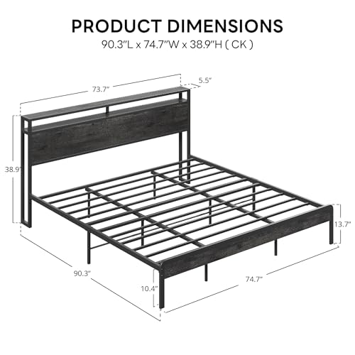 Image of LIKIMIO California King Bed Frame with Headboard, Dark Wood Camas California King with Strong Supports, Sturdy, Noise-Free, No Box Spring Needed, Grey
