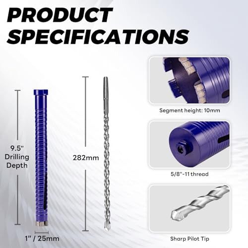 Image of 1 inch Core Drill Bit with Pilot Bit & Adapters(SDS Plus and 1 /2 inch Hex), 5 /8 inch-11 Thread, 9.5 inch Depth, Upgraded-Welded Segments Diamond Core Bits for Concrete, Masonry, Brick, Stone