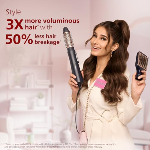 Image of Philips India's No.1 Hair Styling Brand 2-in-1 Airstyler | Straightening Brush + Hot Air Brush Combo | 3X Volume | 50% Less Breakage,2 Attachments, 3 Heat Settings, Cool Shot, For Indian Hair