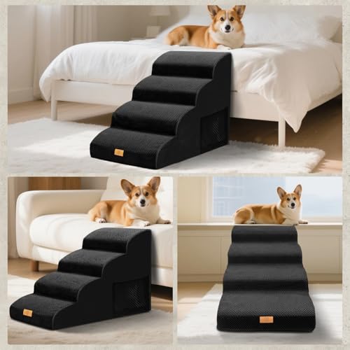 Thihome Hundetreppe für Kleine Hunde, 4 Stufen Haustiertreppe mit Abnehmbarem, Hochdichtem Schwamm Hunderampe mit Waschbarem, Hunde Treppe für Bett und Sofa (Schwarz)