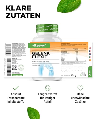 vit4ever Gelenk Flexit - 180 Kapseln - Hochdosierter Komplex mit Glucosamin + MSM + Weihrauch Extrakt + Chondroitin + Curcuma + Quercetin + L-Methionin + Bromelain + Vitamin C