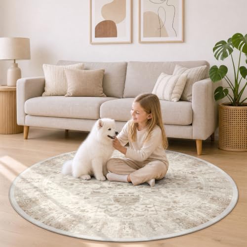 Image of smiry Vintage Round Rugs Living Room 160 x 160 cm Carpet Vintage Beige | Non-Slip Rug, Machine Washable Soft Low Pile, Non-Shedding, Durable Faux Wool Round Rug for Hallway, Bedroom, Kitchen, Office