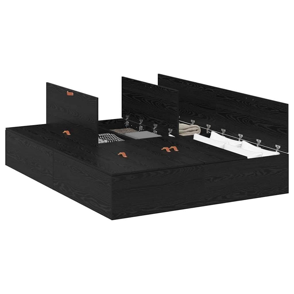 160x200 cm Solid Oak Storage Bed Frame with 8 Drawers, Black | Platform design requires no box spring, providing ample under-bed space for bedroom organization.