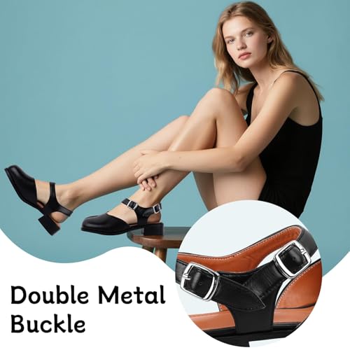 Black Split Toe Pumps For Women Tabi Flat Sandals With Buckle Strap Fashion Slingback Falts Comfortable Chunky Heel Dress Shoes For Casual Office Walking3
