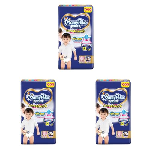 Image of MamyPoko Pants Extra Absorb Baby Diapers, Extra Large (XL Size) | 12-17 kg | 40 Count |Deep Sleep Diapers| Soft Gentle fit |Deep Absorbent Crisscross | Skin Friendly with Coconut Oil | (Pack of 3)