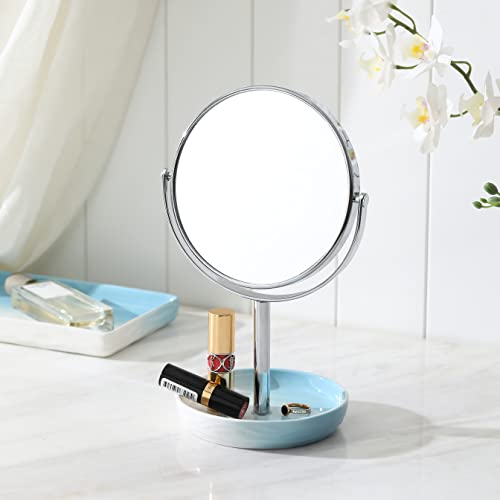 Motifeur Bathroom Accessories - 360 Degree Rotating Two-Sided Makeup Mirror With 1X/5X Magnification, Metal Frame And Decorative Ceramic Tray (Blue And White Gradient) #TOP2