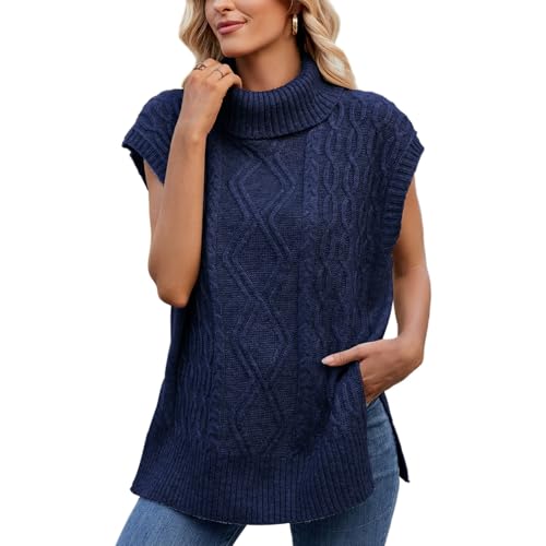 Image of Blostirno Women's Turtleneck Sweater Vest Sleeveless Ribbed Solid Knitted Pullover Sweaters Tops