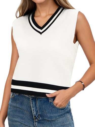 Womens Cropped Sweater Vest V Neck Sleeveless Loose Fit Tank Tops Striped Knit Lightweight Pullover Fall Sweaters