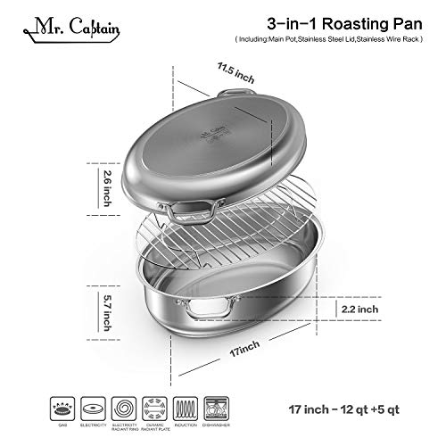 Mr Captain Roasting Pan With Rack And Lid 12 Quart,18/10 Stainless Steel Multi-Use Oval Dutch Oven, Induction Compatible Dishwasher/Oven Safe Turkey Roaster,17 Inch #TOP2