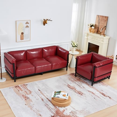 Image of 2 Piece Living Room Sofa set, Mid-Century Modern Upholstered Couch Chair Faux Leather Sofa Couch with Iron Frame and Upholstered Armrest Backrest Cushion for Living Room, Office, Apartment (Burgundy)