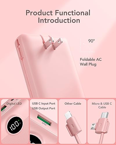 Vrurc Portable Charger 20000Mah, Fast Charging Power Bank Usb C,4 Output 2 Input Charging Bank Equipped With Led Display,Built-In Wall Plug And Cables,Cell Phone Replacement Battery For Smart Devices #TOP1