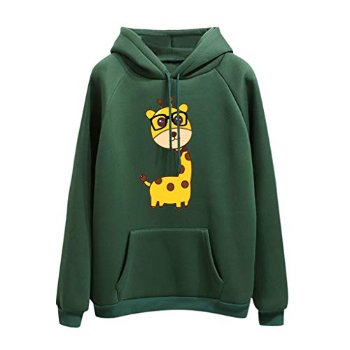 Kaister Pullover Women Winter Warm Charact Print Loose Long Pullover Hoodie Sweatshirt Army Green