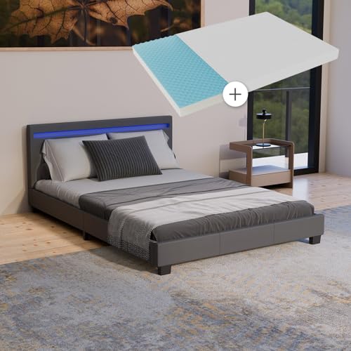 Juskys Polsterbett Paris 140x200 cm mit LED Beleuchtung, Matratze,...