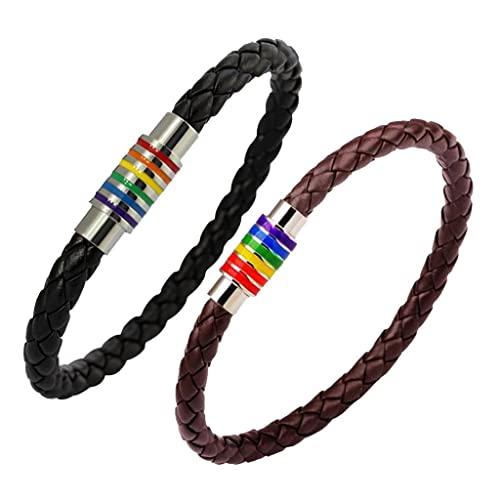 F Fityle 2pcs PU Leather Rainbow Wrist Band LGBT Pulseira Magnet Clasp Bracelet
