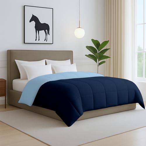Image of Bed Comforter - Double Size - Navy Blue & Light Blue - 300 GSM Quilt Blanket Rajai - Winter Warm Down Alternative Duvet Insert with Corner Ties