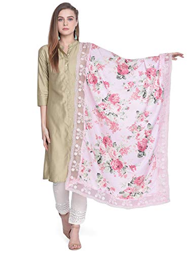 Image of DUPATTA BAZAAR Woman's Baby Pink & Multicoloured Printed Muslin Dupatta