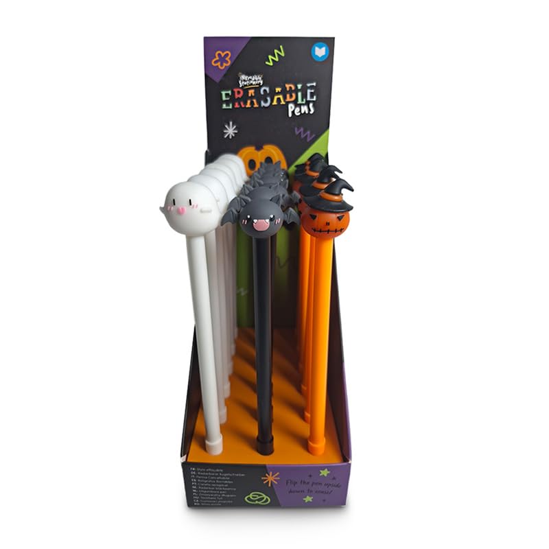 Puckator Spooky Ghost, Bat & Pumpkin Erasable Pen with Topper - Cool Cute Aesthetic Back To School Supplies Erasable Gel Pens - Pen With Eraser Rubber For Kids Office Writing Drawing