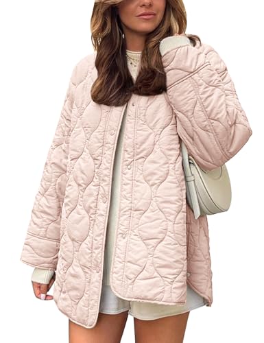 Flygo Women's Oversized Quilted Lightweight Jacket Button Down Puffer Padded Outerwear with Pocket(Pink-M)