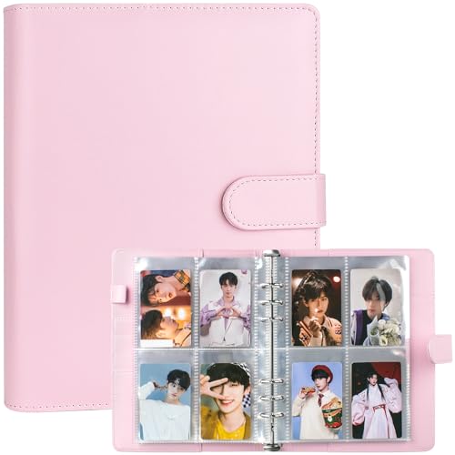 A5 Kpop Photocard Binder 6 Ring Binder Album with 200 Card Slots PU Leather Binder Cover with Magnetic Buckle Closure for Organizing Trading Cards - Pink