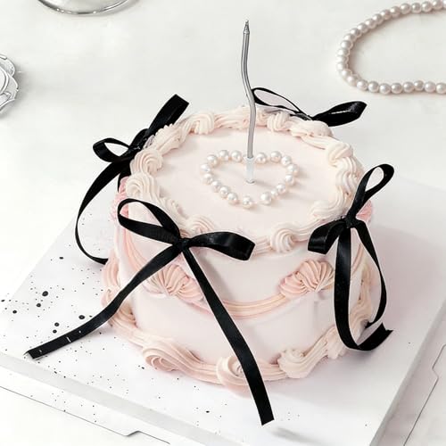 JarThenaAMCS 6 Inch Fake Cake with Black Bows Round Artificial Cake Coquette Dessert Decor for Birthday Wedding Party Display Photo Props Supplies