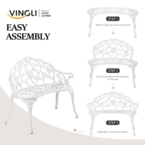 VINGLI 38.5" Patio Park Garden Outdoor Metal Rose Bench,Cast Iron Cast Aluminium Frame Antique Finish Chair,Accented Lawn Front Porch Path Yard Decor Deck Furniture for 2 Person Seat（White