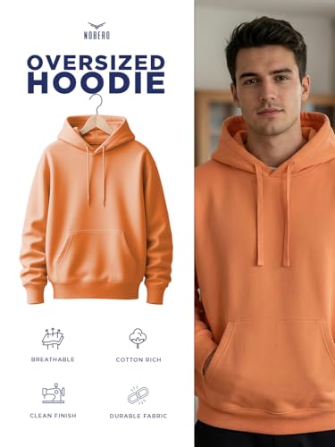 Image of NOBERO Oversized Solid Hooded Sweatshirt for Men | Oversized Hoodie for Men | Hooded Pullover | Cotton Rich Printed Hoodie 280 GSM Fleece