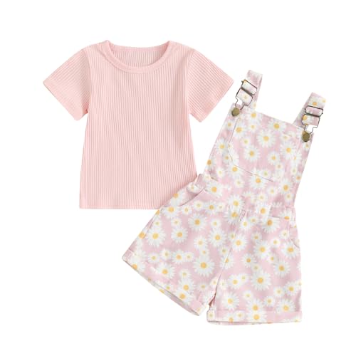 Image of Lucikamy Toddler Baby Girls Summer Outfit Short Sleeve Ribbed Tops + Flower Suspender Overalls Shorts Set Kids Cute Clothes