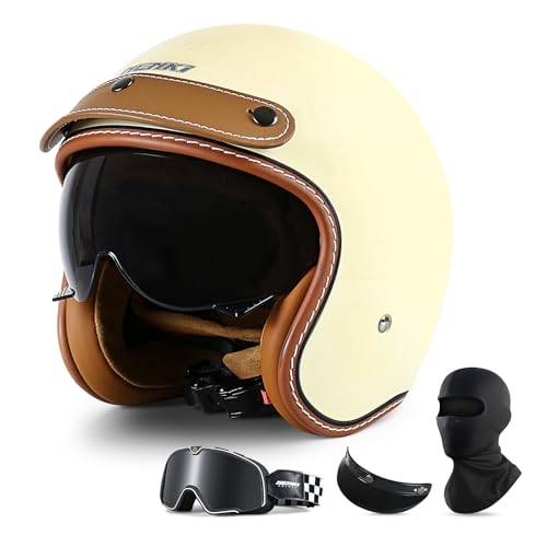 3/4 Vintage Open Face Motorcycle Helmet for Men & Women Retro Vespa Style DOT Approved Adult Half Helmet for Motorbike Moped Cruiser Scooter Riding(White L)