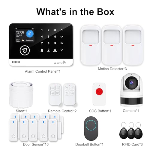 Home Alarm System with Camera, 23 Pieces Wireless WiFi/GSM SMS Home Security System with Motion Detector, 120dB Alarm Siren, Remote Control, Doorbell Button and SOS Button for Villa,Warehouse