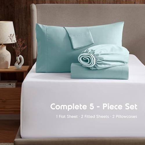 Image of Nestl Split King Bed Sheet Set - Light Blue - 5-Piece Deep Pocket | Instantly Soft, Night-One Ready (No Wash Required). Fits 16-Inch Deep Pockets, 360-Degree Elastic Grip