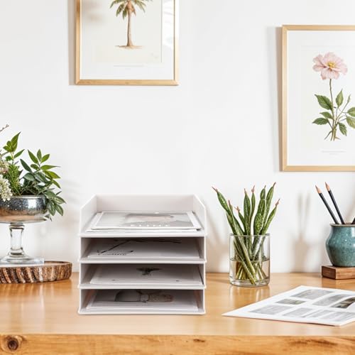 4 Pcs Light Gray Stackable Paper Trays for Letter Documents, Letter Tray File Organizer for Desk, Desktop File Organizers for Office Supplies, Desk Tray Holder for Office Desktop Paper File Magazine