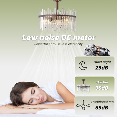 Image of Brown Fandelier Ceiling Fans with Lights, Crystal Chandelier Ceiling Fan with Light Remote Control, Mid Century with 6 Speeds for Bedroom, Living Room