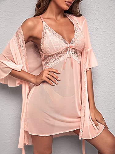 Milumia Women's 2 Piece Pajamas Contrast Lace Mesh Slip Dress Chemise With Belted Robe Coral Pink Small #TOP4