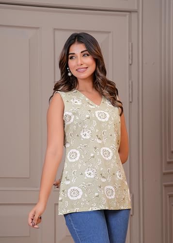 Image of MANHAREE Women's Cotton Floral Printed Short Kurti Top | V-Neck 3 /4 Sleeve Ethnic Tunic for Jeans | Casual Summer Wear Kurta for Women and Girls