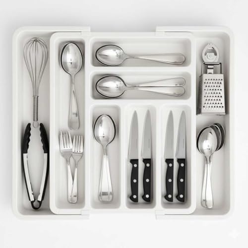edihome, Organizador Cubiertos, Cubertero para Cajon, Bandeja de Cuberteria Extensible, con 6 a 8 Compartimentos, BPA Free, Ajustable, Utensilios de Cocina (Blanco)