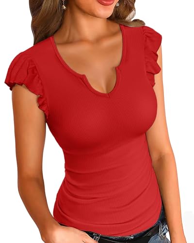 Image of VICHYIE Summer Women Ruffle Cap Sleeve Pretty Fitted Shirt | Ribbed Knit, Basic, Casual, Fashion Blouse, Solid Color