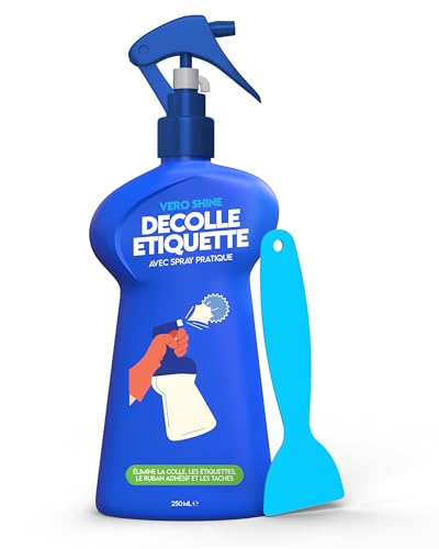 Vero Shine Décolle Étiquettes (250ml), Spray Décollant Colle & Adhésif, Enlève Étiquettes, Stickers, Ruban Adhésif, Tous Types de Surfaces, Raclette Incluse
