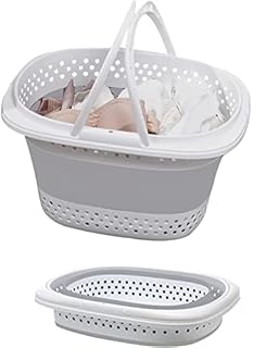 Oval Collapsible Laundry Plastic Basket With Handles- 30L Foldable Laundry Basket Pop Up Clothes Laundry Basket 51x39x30cm, Gray