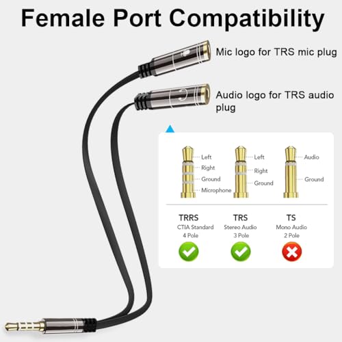 Image of ZORBES Headset Splitter 3.5mm Headphone Mic Splitter Cable for Headset with Separate Stereo Audio and Microphone Jacks Y Splitter Cable Male to Female Compatible with Smartphone Tablet Laptop