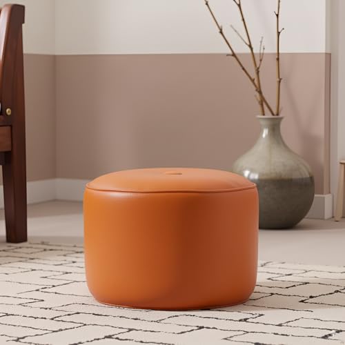 Image of Premium Faux Leather Footstool /Footrest /Pouffe | EPS Beans Filled | Ready to Use | Soft Cushioned Ottoman | Durable Leatherette Finish | Living Room, Bedroom & Office Color- (Orange)
